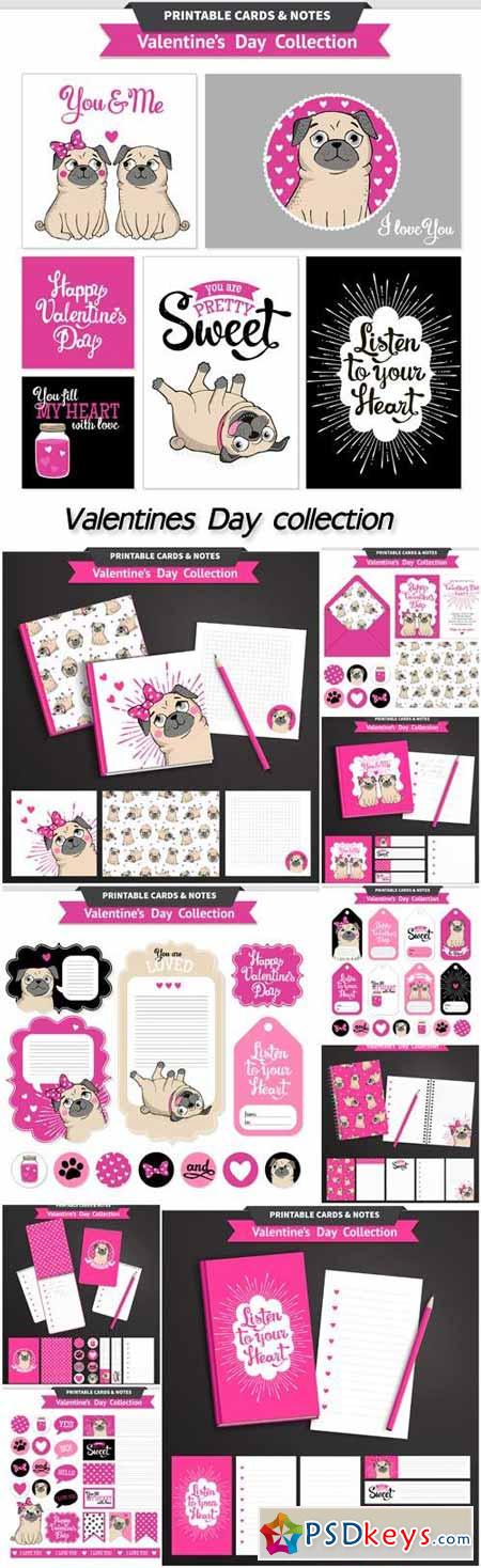 Valentines day printable set with funny pugs