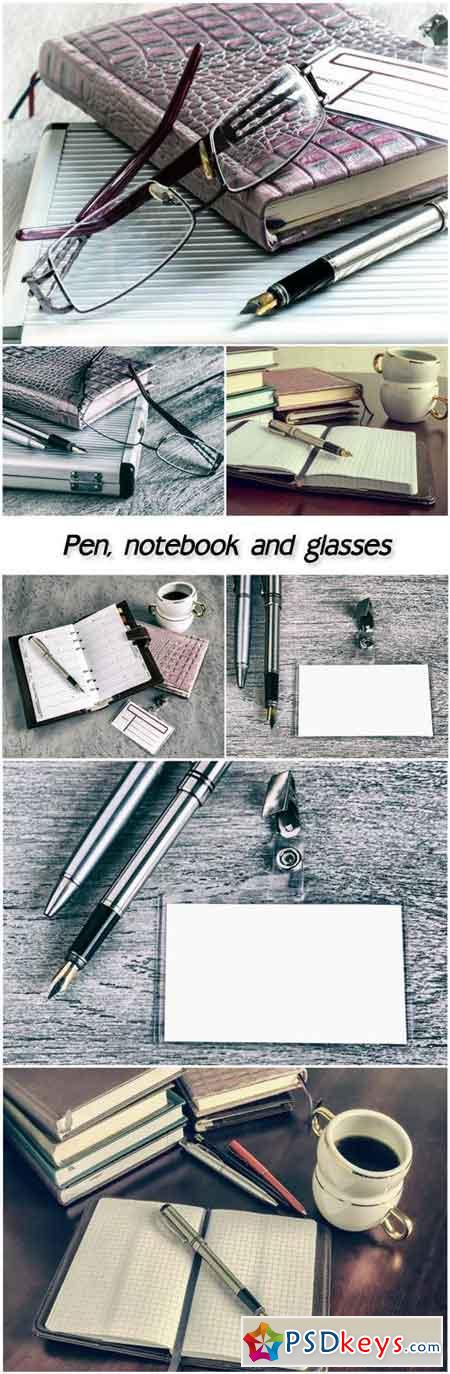 Pen, notebook and glasses in composition