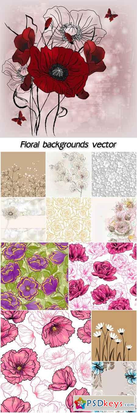 Floral backgrounds vector, poppies, roses, daisies