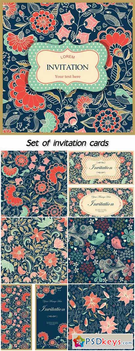 Set of invitation cards with colorful floral pattern in folk style