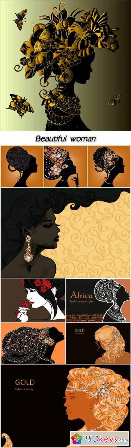 Silhouette of beautiful woman with flowers in her hair, woman with jewelry
