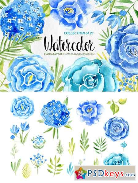 Watercolor blue flowers set 534011