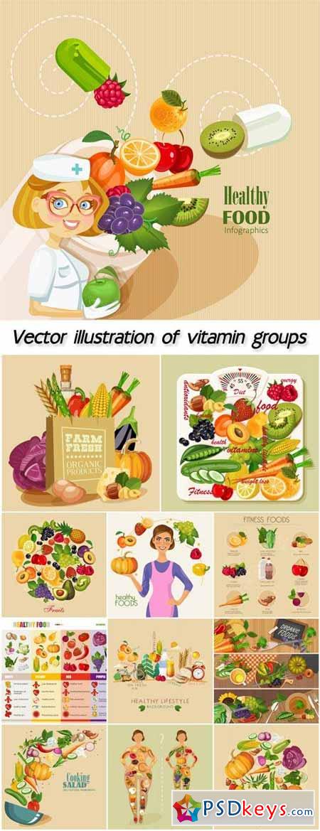 Vector illustration of vitamin groups, fruit and vegetables set
