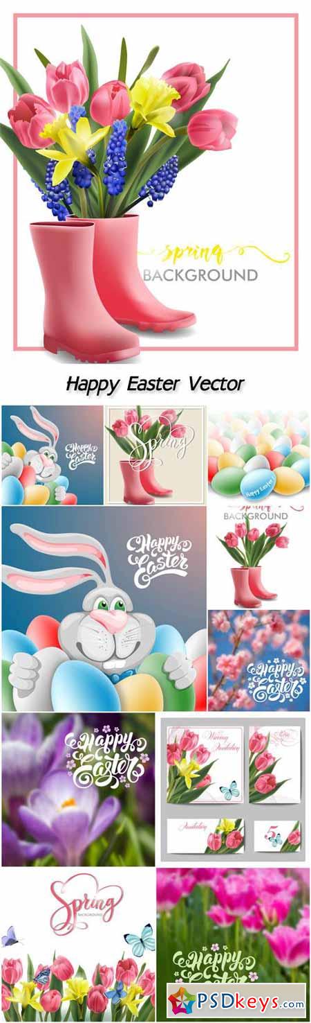 Happy Easter, spring background, flowers, pink tulips, butterflies