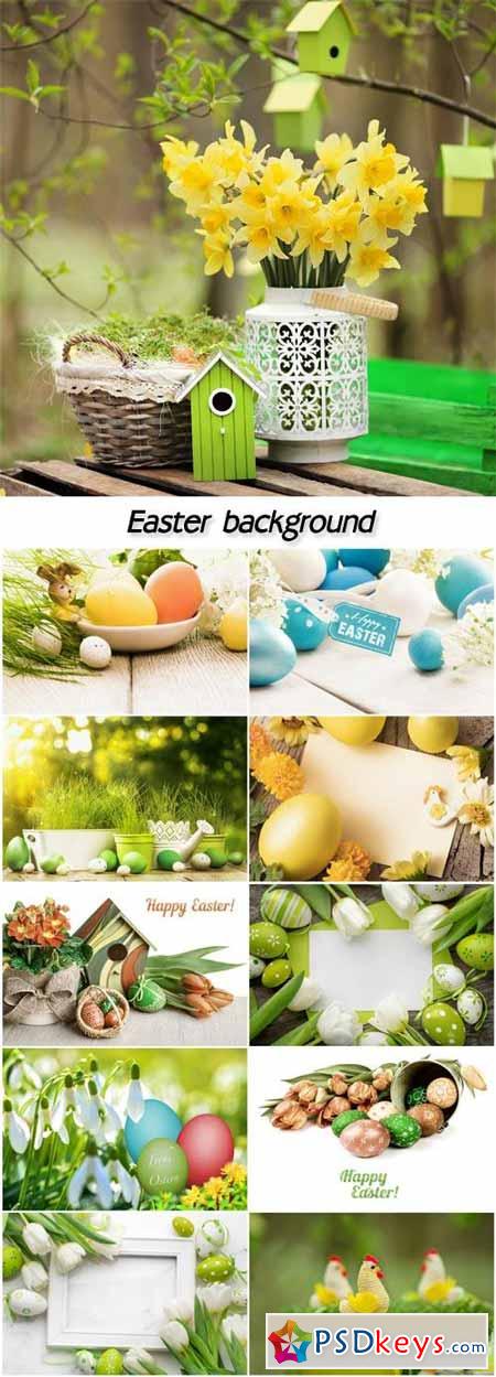 Easter background with chicks, flowers and Easter eggs