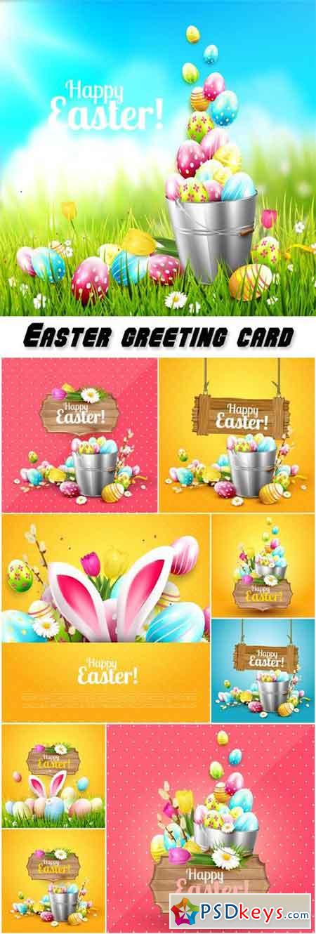 Easter greeting card with flowers and colorful eggs in the bucket