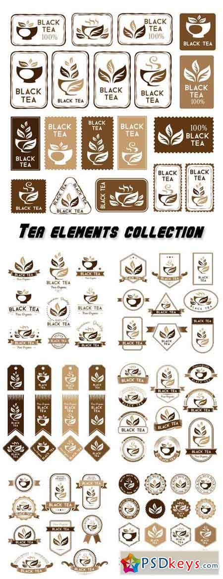 Tea, black tea package elements, stickers and banners collection