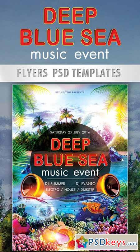 Deep Blue Sea Music Event Flyer PSD Template + Facebook Cover
