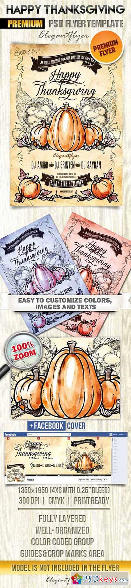 Happy Thanksgiving Flyer PSD Template + Facebook Cover