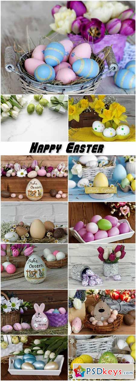 Easter eggs, tulips and Easter bunnies