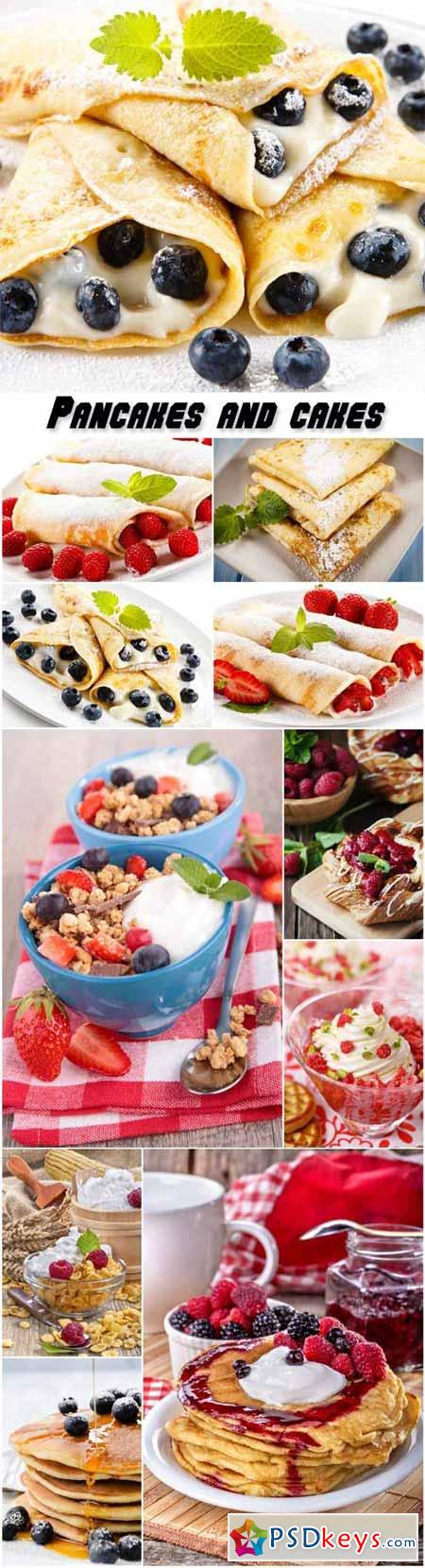 Pancakes with berries and cakes