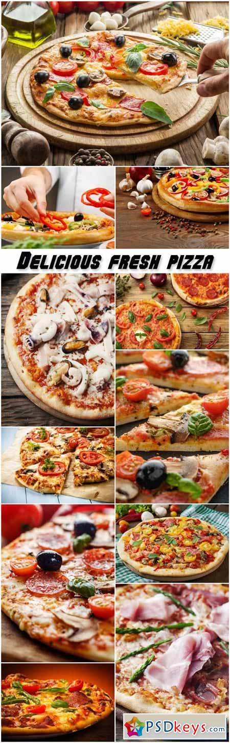 Delicious fresh pizza with mushrooms, pepperoni and seafood