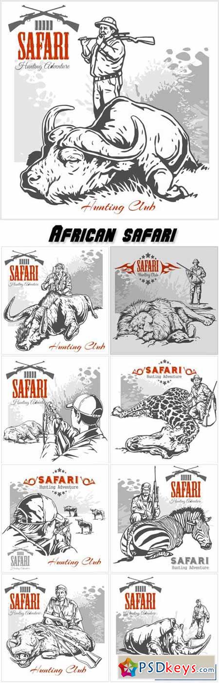 African safari illustration and labels for hunting club