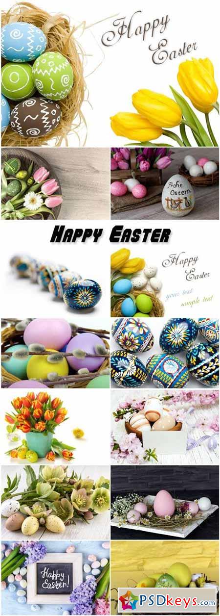 Easter composition of Easter eggs and flowers