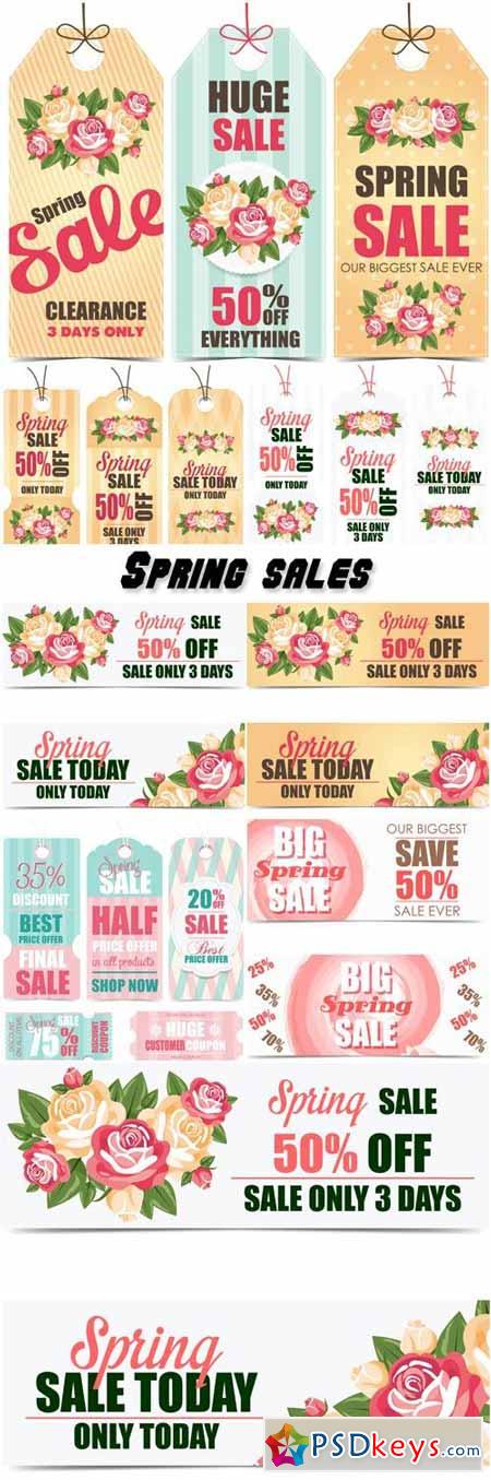 Spring sales, vector labels and banners