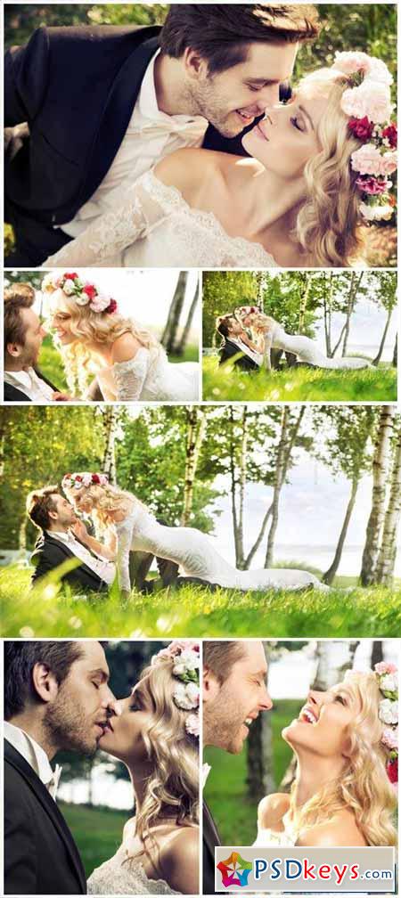 Beautiful young couple in a birch grove