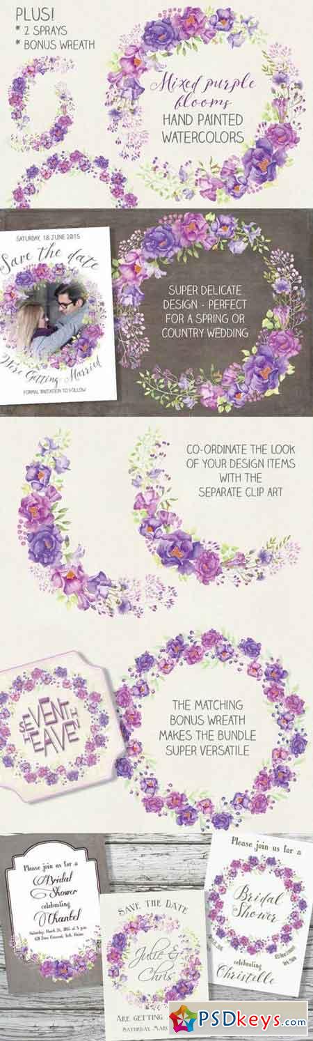 Watercolor wreath purple blooms 614699
