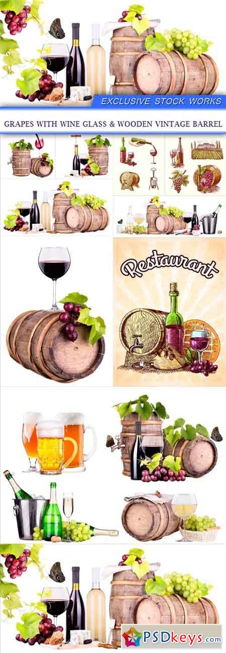 Grapes with wine glass & wooden vintage barrel 10X JPEG