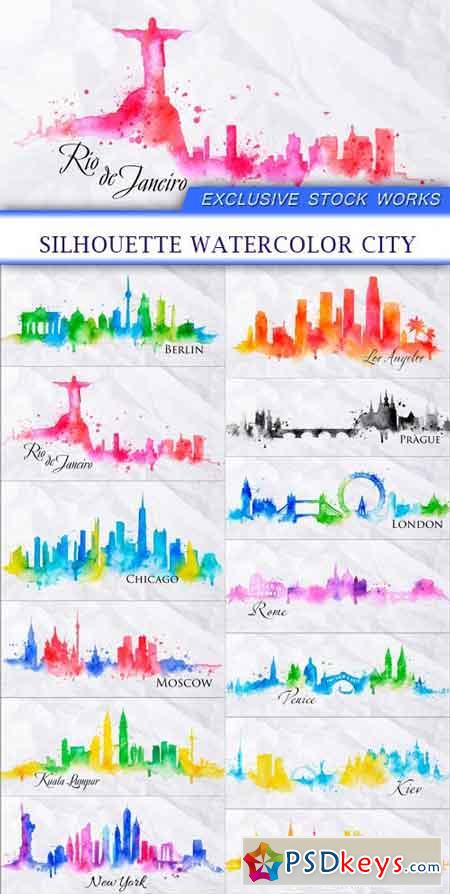 Silhouette watercolor city 13X EPS