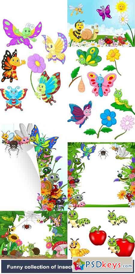 Funny collection of insects in the flower garden