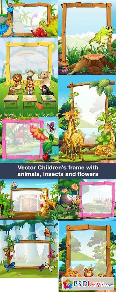 Vector Children's frame with animals, insects and flowers