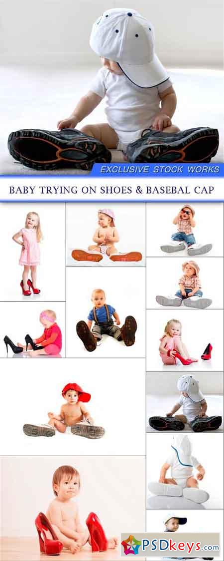 Baby trying on shoes & basebal cap 12X JPEG