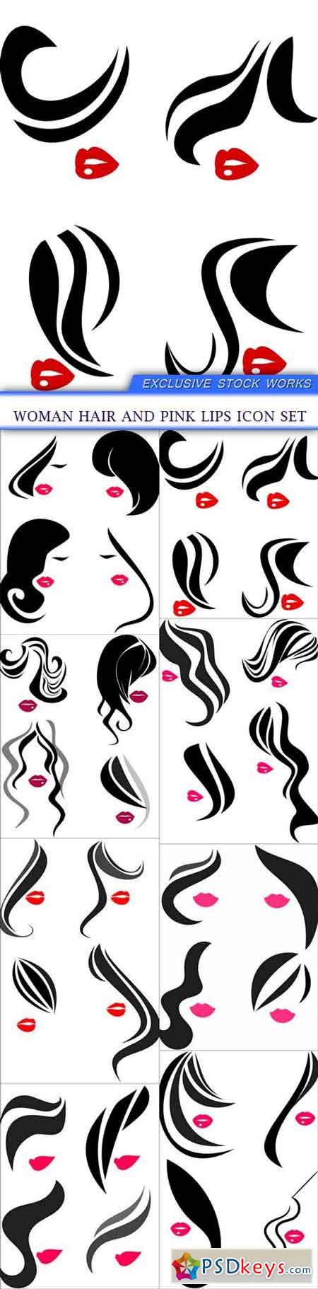 Woman hair and pink lips icon set 8X EPS