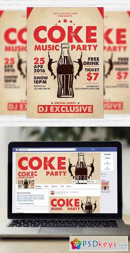 Coke Music Party PSD Flyer Template + Facebook Cover