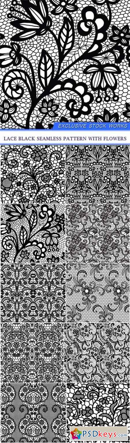 Lace black seamless pattern with flowers 10X EPS