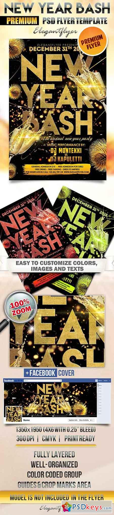 New Year Bash Flyer PSD Template + Facebook Cover