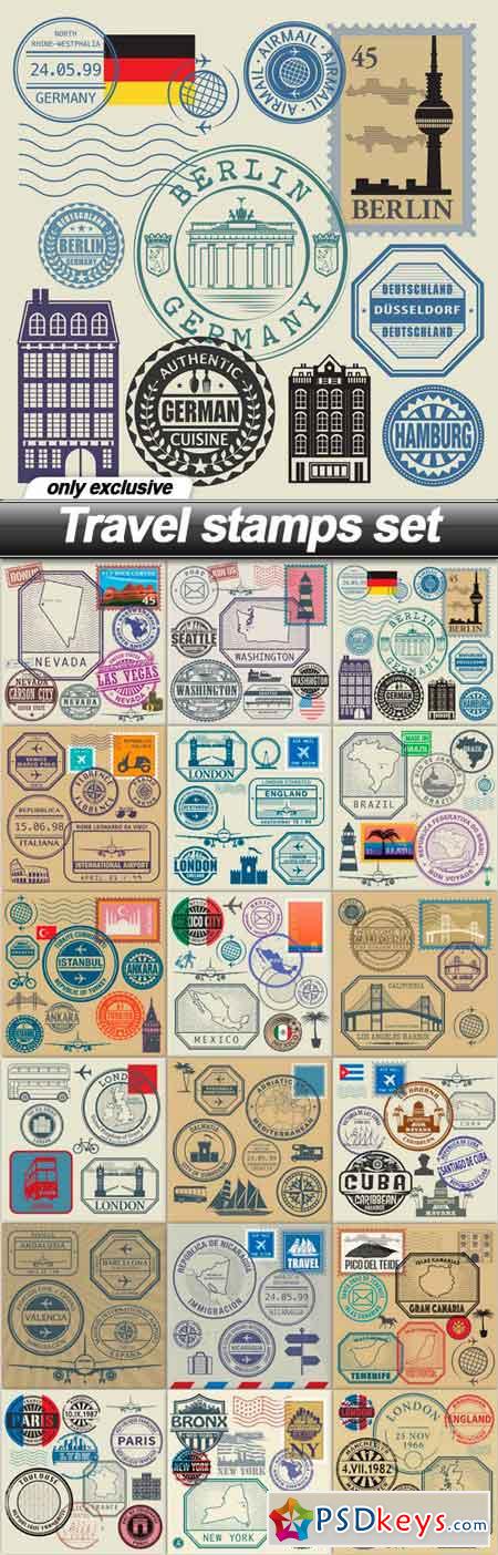 Travel stamps set - 18 EPS