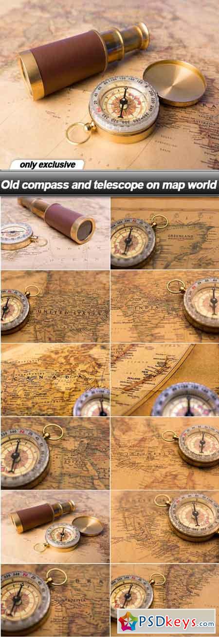 Old compass and telescope on map world - 12 UHQ JPEG