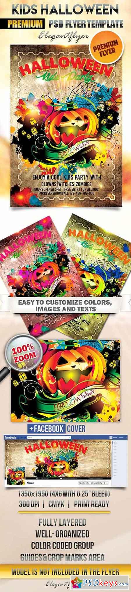 Kids Halloween Party Flyer PSD Template + Facebook Cover