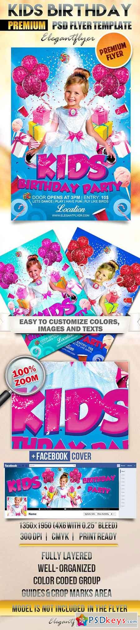 Kids Birthday Party Flyer PSD Template + Facebook Cover