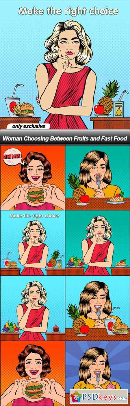 Woman Choosing Between Fruits and Fast Food - 8 EPS