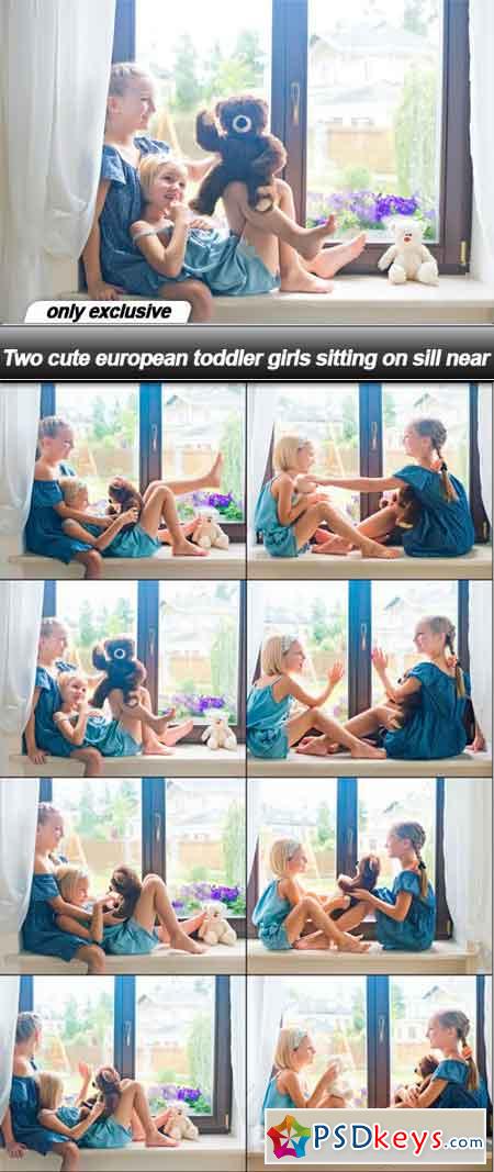 Two cute european toddler girls sitting on sill near - 8 UHQ JPEG