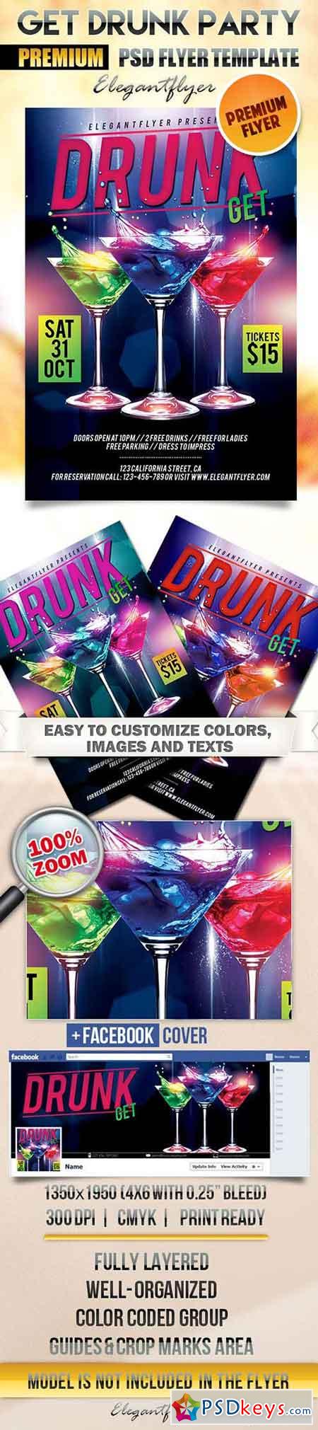 Get Drunk Party Flyer PSD Template + Facebook Cover
