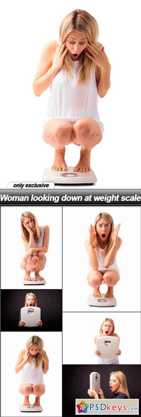 Woman looking down at weight scale - 6 UHQ JPEG