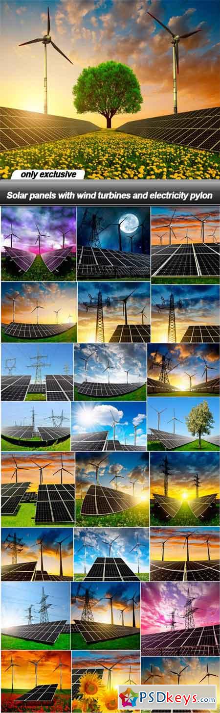 Solar panels with wind turbines and electricity pylon - 25 UHQ JPEG