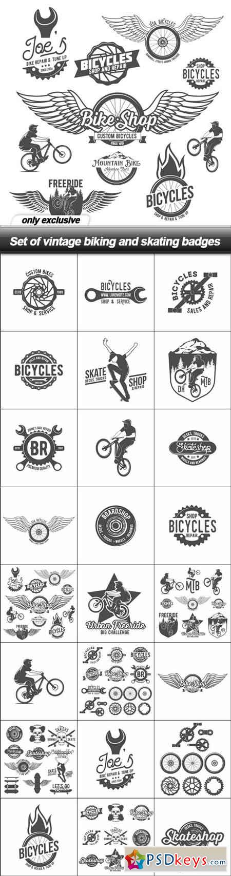 Set of vintage biking and skating badges - 24 EPS