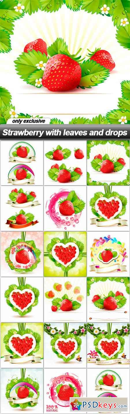 Strawberry with leaves and drops - 17 EPS