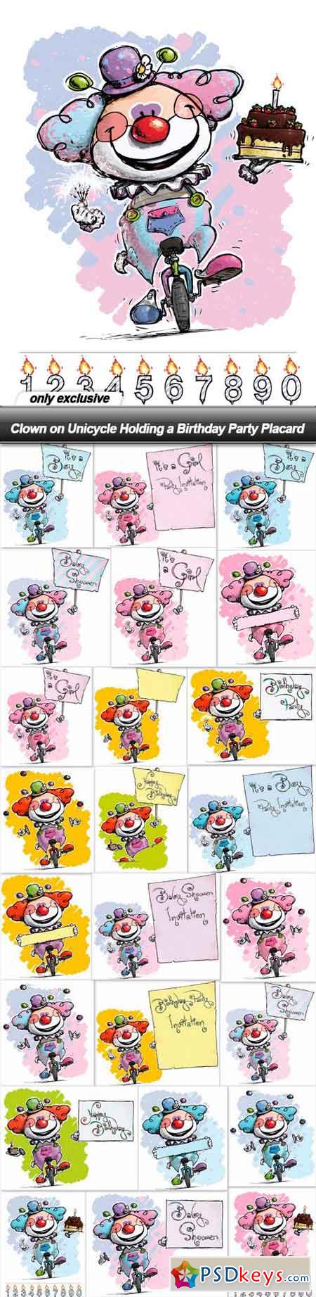 Clown on Unicycle Holding a Birthday Party Placard - 25 EPS