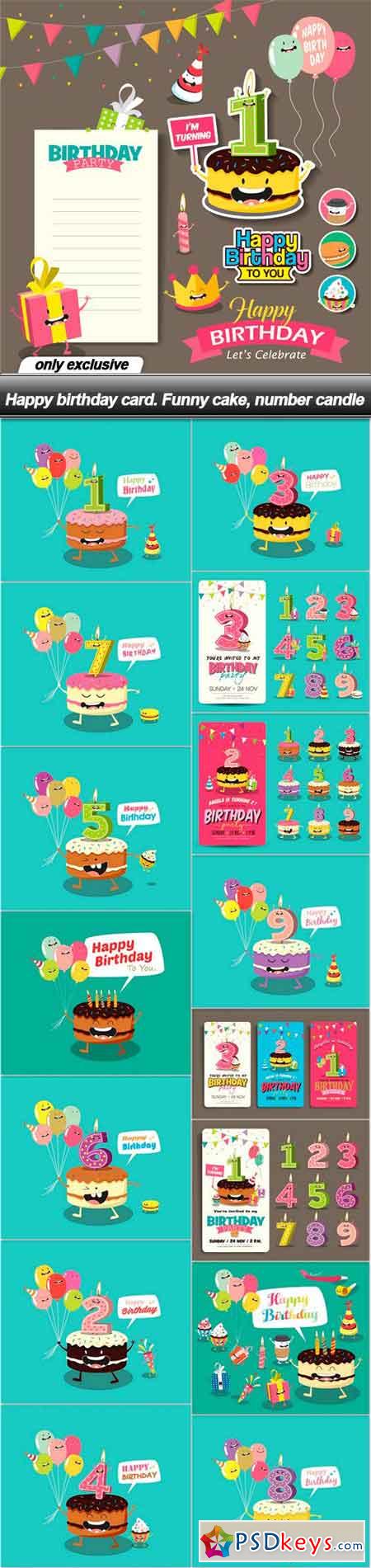 Happy birthday card. Funny cake, number candle - 16 EPS