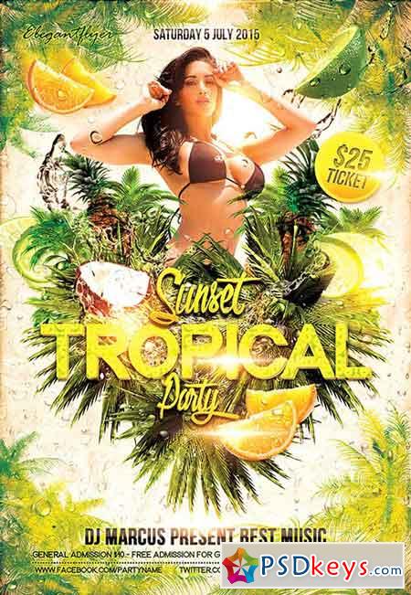 Tropical Sunset Party Flyer PSD Template + Facebook Cover