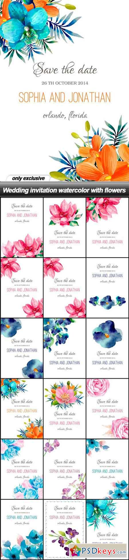 Wedding invitation watercolor with flowers - 18 EPS