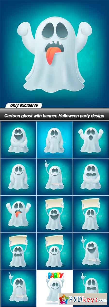 Cartoon ghost with banner. Halloween party design - 15 EPS
