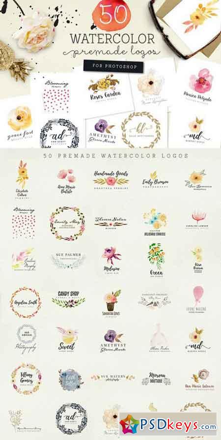50 Premade Watercolor Logos 925773