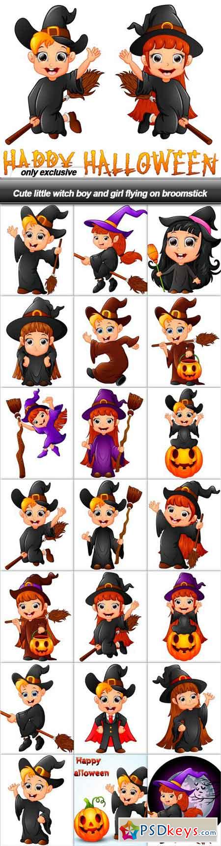 Cute little witch boy and girl flying on broomstick - 22 EPS