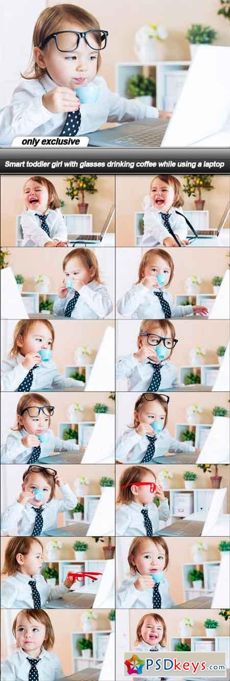 Smart toddler girl with glasses drinking coffee while using a laptop - 14 UHQ JPEG