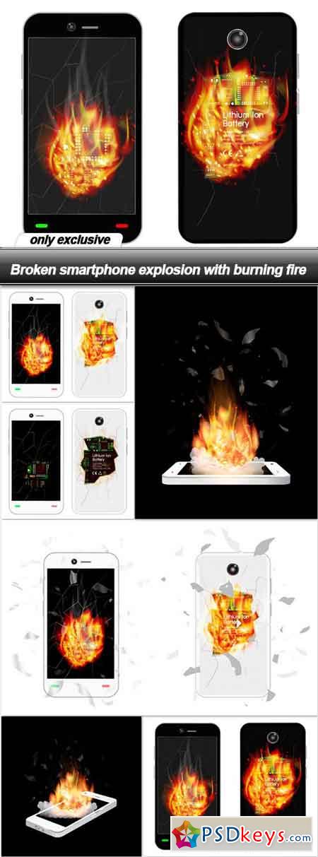 Broken smartphone explosion with burning fire - 6 EPS
